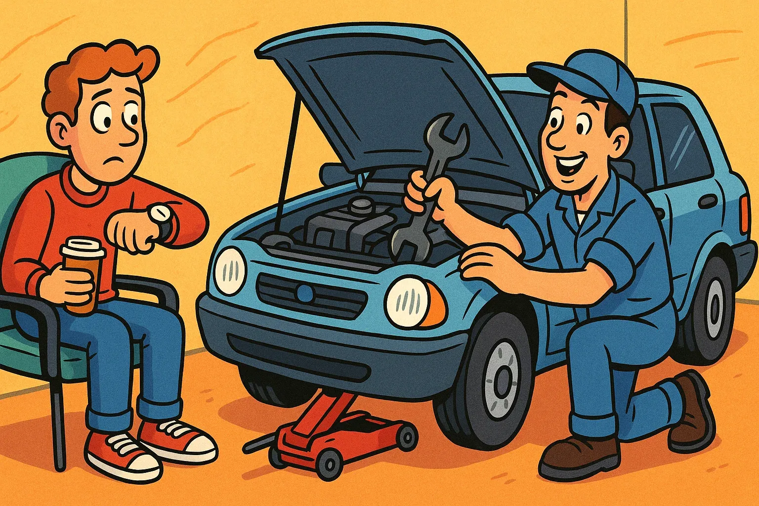 An impatient man sits with a coffee, checking his watch, as a smiling mechanic works on his blue car with the hood open.